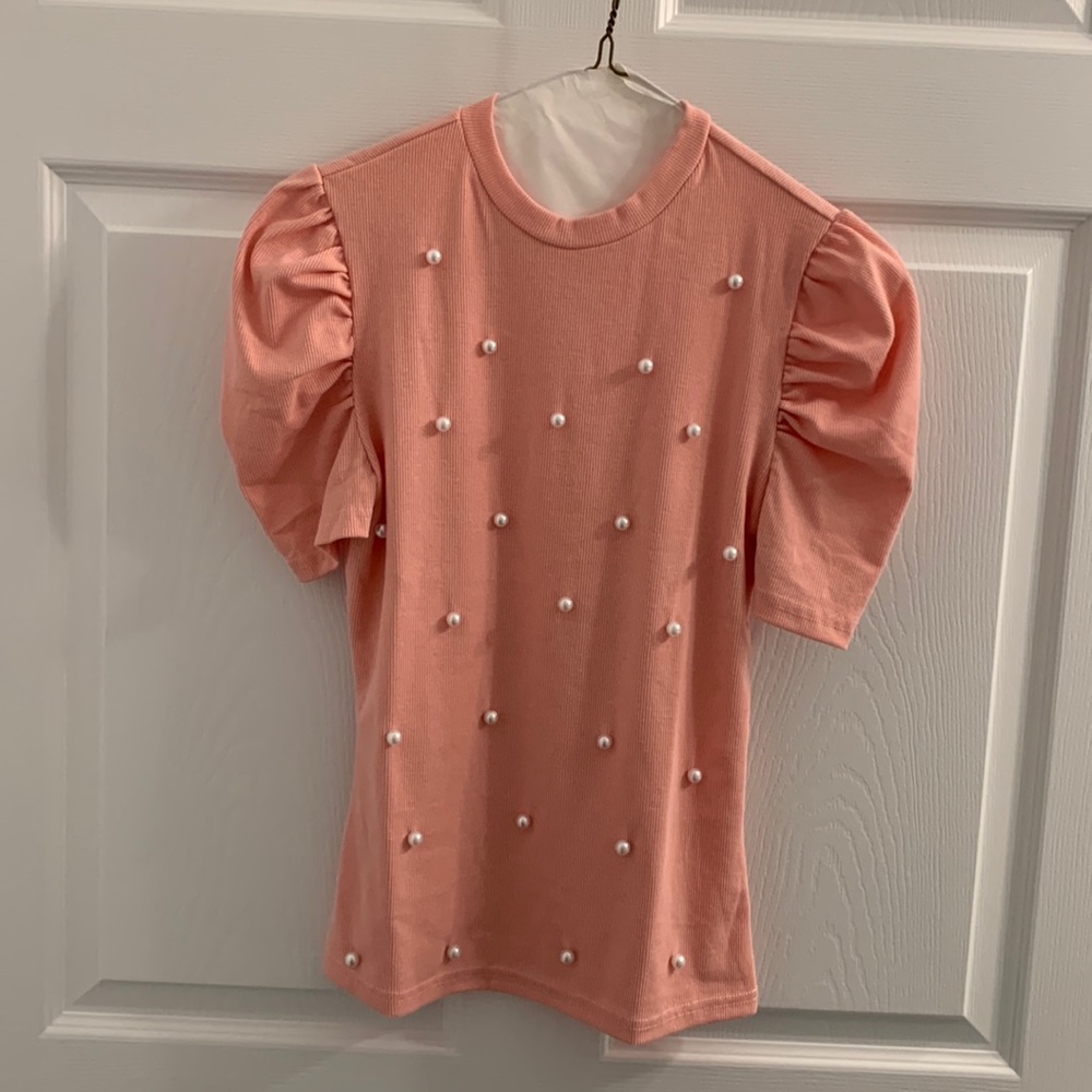 Women’s Elegant Pearl Embellished Puff Sleeve Top Size Medium